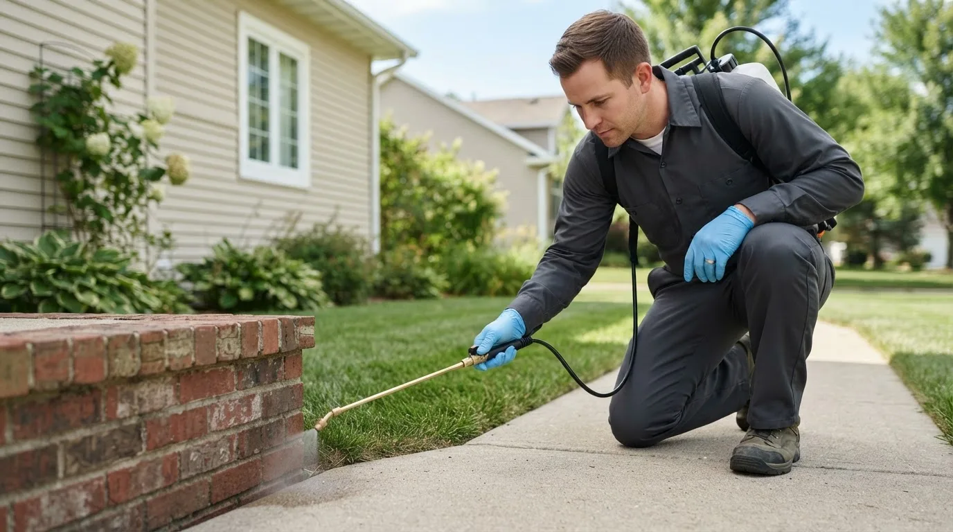 Pest control technician treating a home near Lebo, KS