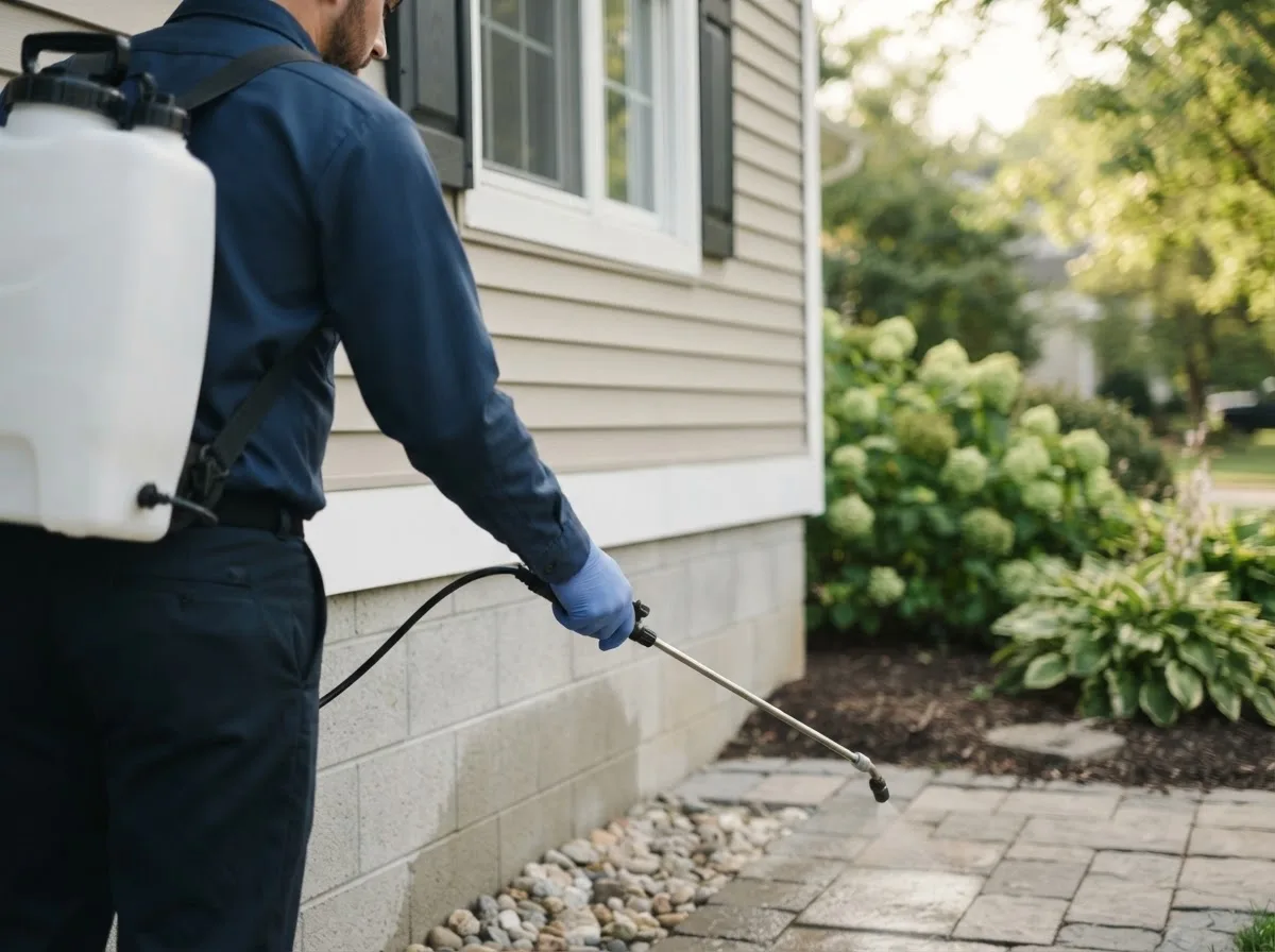 Pest control technician inspecting a home in Lebo, KS